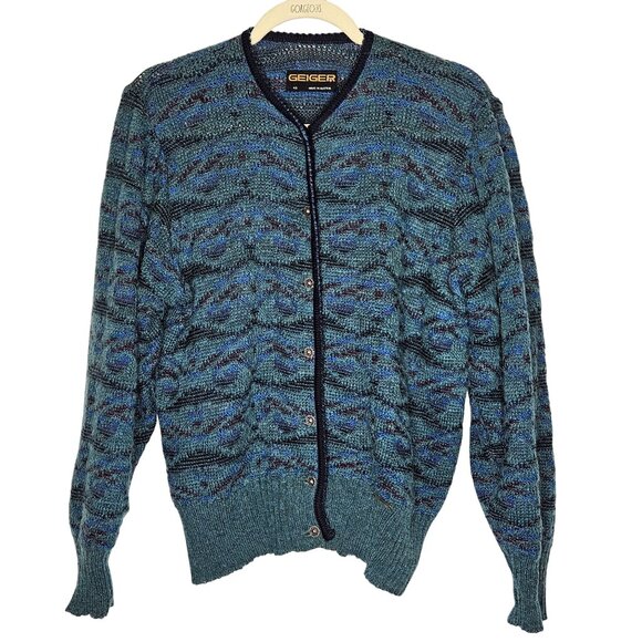 Geiger Womens Austrian Knit Cardigan Sweater 40‎ M Blue Green Wool Button Front - Picture 1 of 10